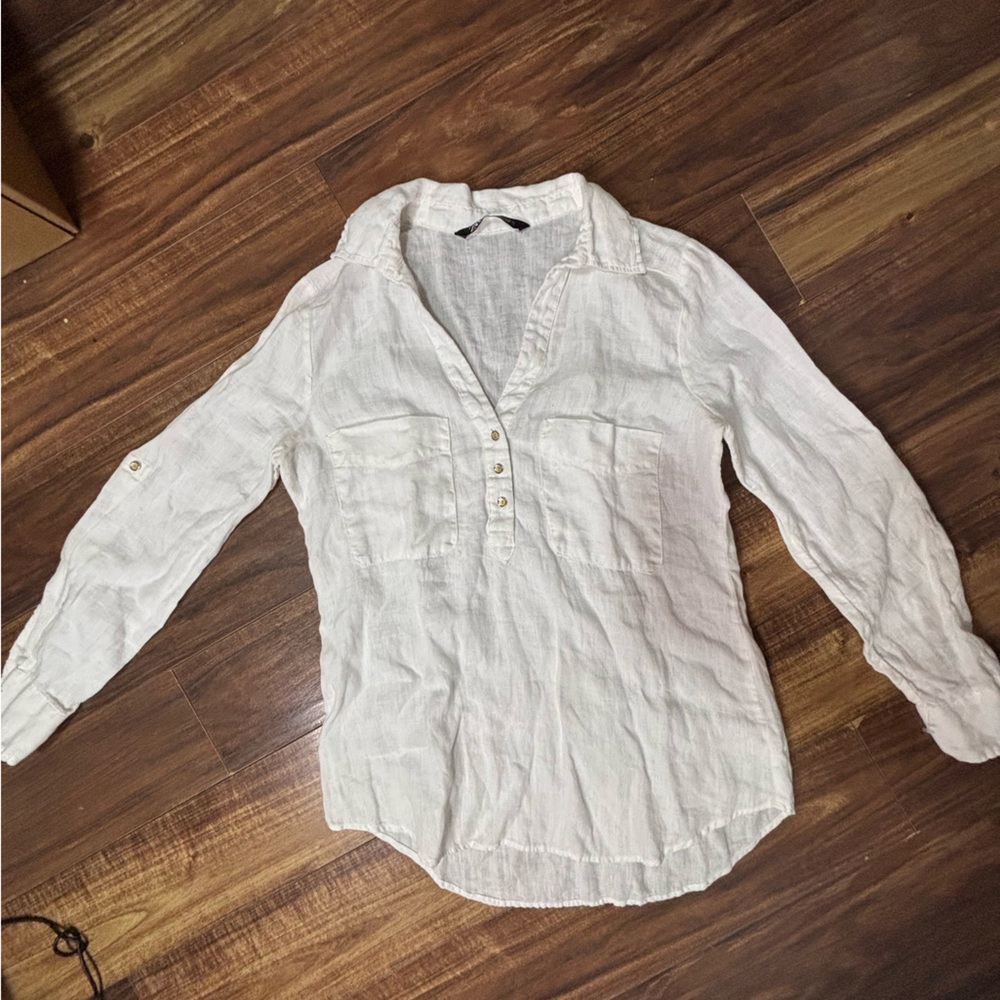 Zara 1/4 button down all linen crispy white small  Beachy nautical cowgirl shirt - Picture 2 of 7